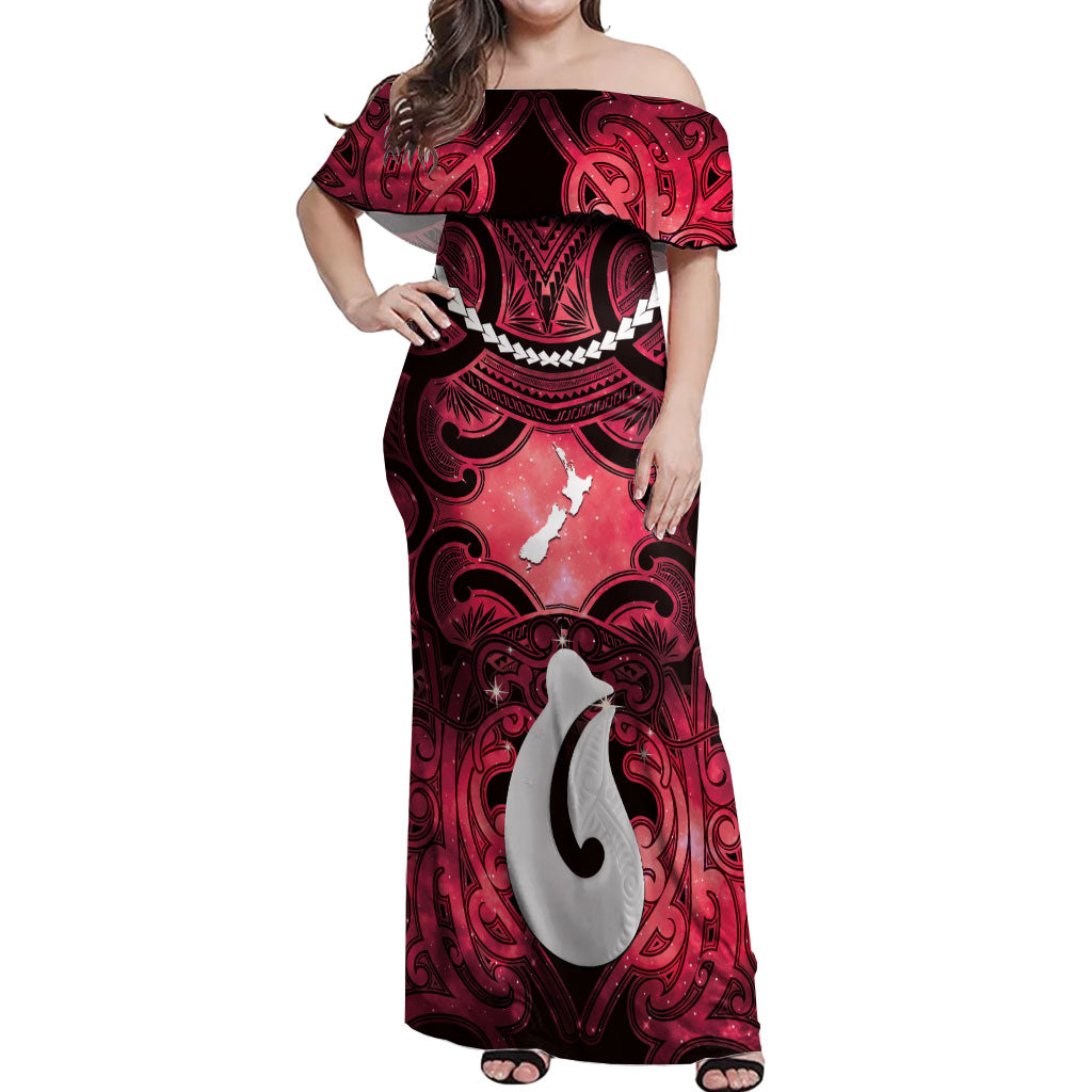 Personalised Maori Matariki Hei Matau Whero Off Shoulder Maxi Dress Maori Kowhaiwhai Pattern Galaxy LT01 Women Red - Polynesian Pride
