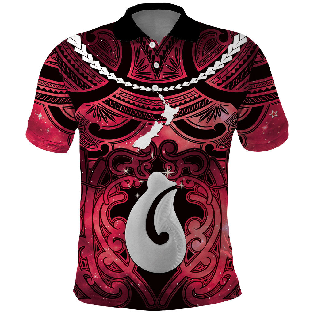 Personalised Maori Matariki Hei Matau Whero Polo Shirt Maori Kowhaiwhai Pattern Galaxy LT01 Red - Polynesian Pride