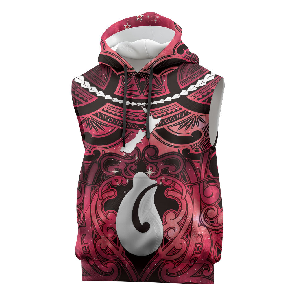 Personalised Maori Matariki Hei Matau Whero Sleeveless Hoodie Maori Kowhaiwhai Pattern Galaxy LT01 Red - Polynesian Pride