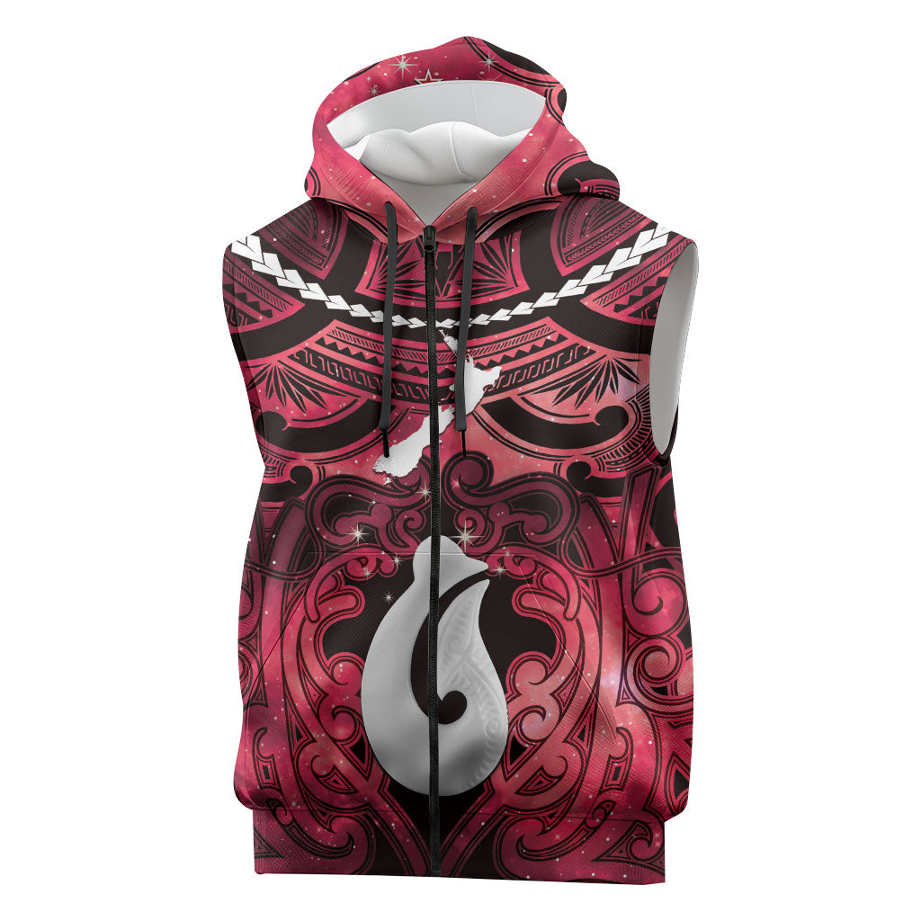 Personalised Maori Matariki Hei Matau Whero Sleeveless Zip Hoodie Maori Kowhaiwhai Pattern Galaxy LT01 Red - Polynesian Pride