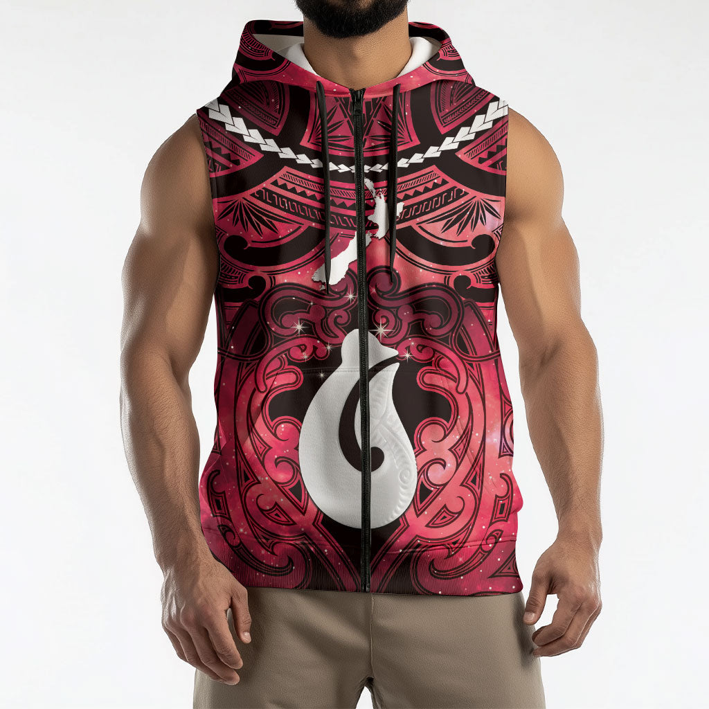 Personalised Maori Matariki Hei Matau Whero Sleeveless Zip Hoodie Maori Kowhaiwhai Pattern Galaxy