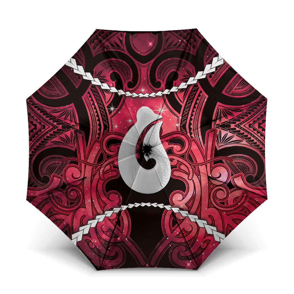 Maori Matariki Hei Matau Whero Umbrella Maori Kowhaiwhai Pattern Galaxy LT01 One Size Folded 11.42 inch Opened Diameter 37.4 inch Red - Polynesian Pride