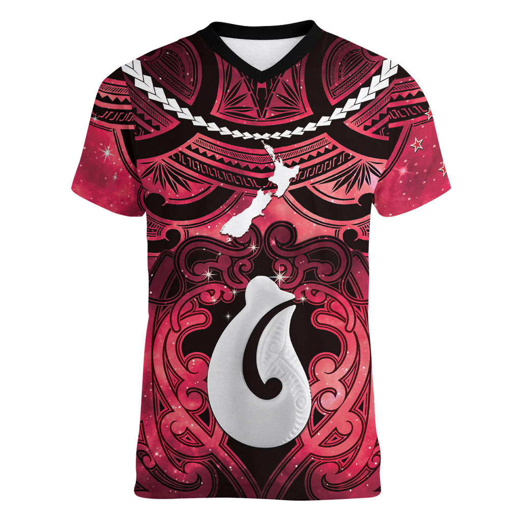 Personalised Maori Matariki Hei Matau Whero Women V-Neck T-Shirt Maori Kowhaiwhai Pattern Galaxy