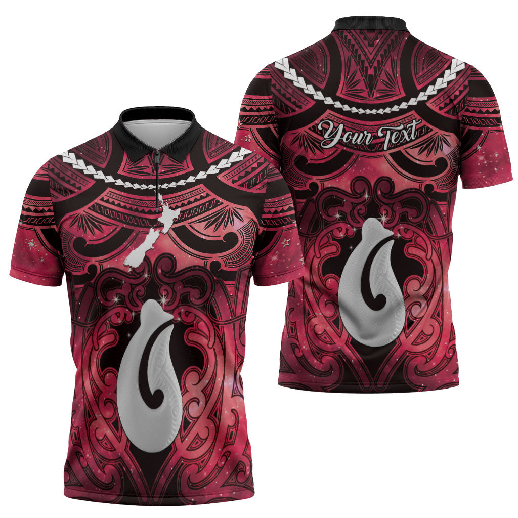 Personalised Maori Matariki Hei Matau Whero Zipper Polo Shirt Maori Kowhaiwhai Pattern Galaxy