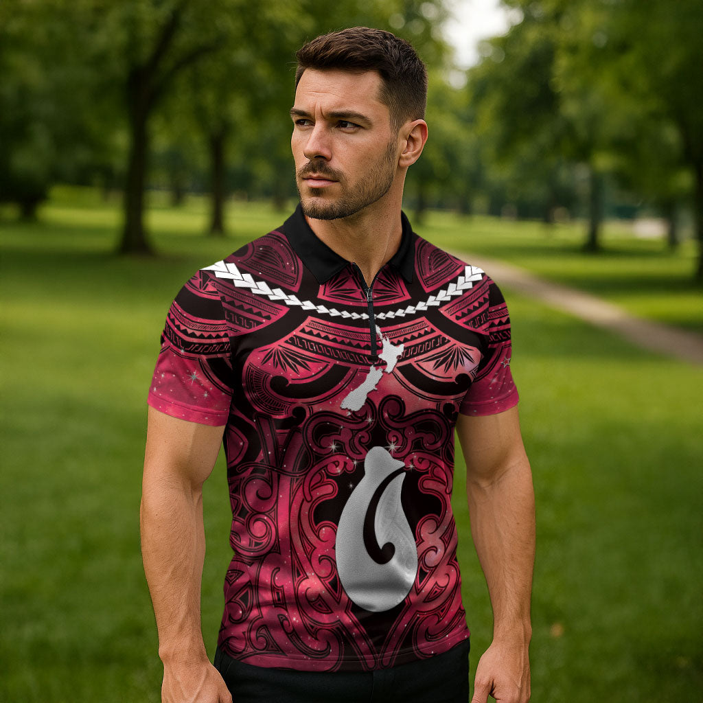 Personalised Maori Matariki Hei Matau Whero Zipper Polo Shirt Maori Kowhaiwhai Pattern Galaxy