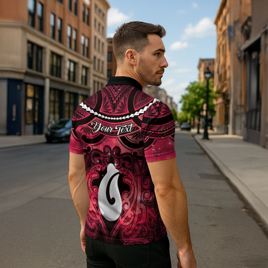 Personalised Maori Matariki Hei Matau Whero Zipper Polo Shirt Maori Kowhaiwhai Pattern Galaxy