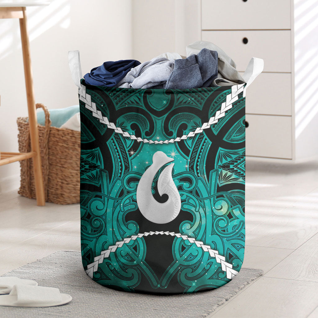 Maori Matariki Hei Matau Turquoise Laundry Basket Maori Kowhaiwhai Pattern Galaxy