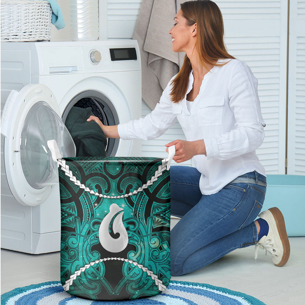 Maori Matariki Hei Matau Turquoise Laundry Basket Maori Kowhaiwhai Pattern Galaxy