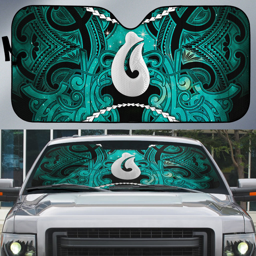 Maori Matariki Hei Matau Turquoise Auto Sun Shade Maori Kowhaiwhai Pattern Galaxy LT01 Turquoise - Polynesian Pride