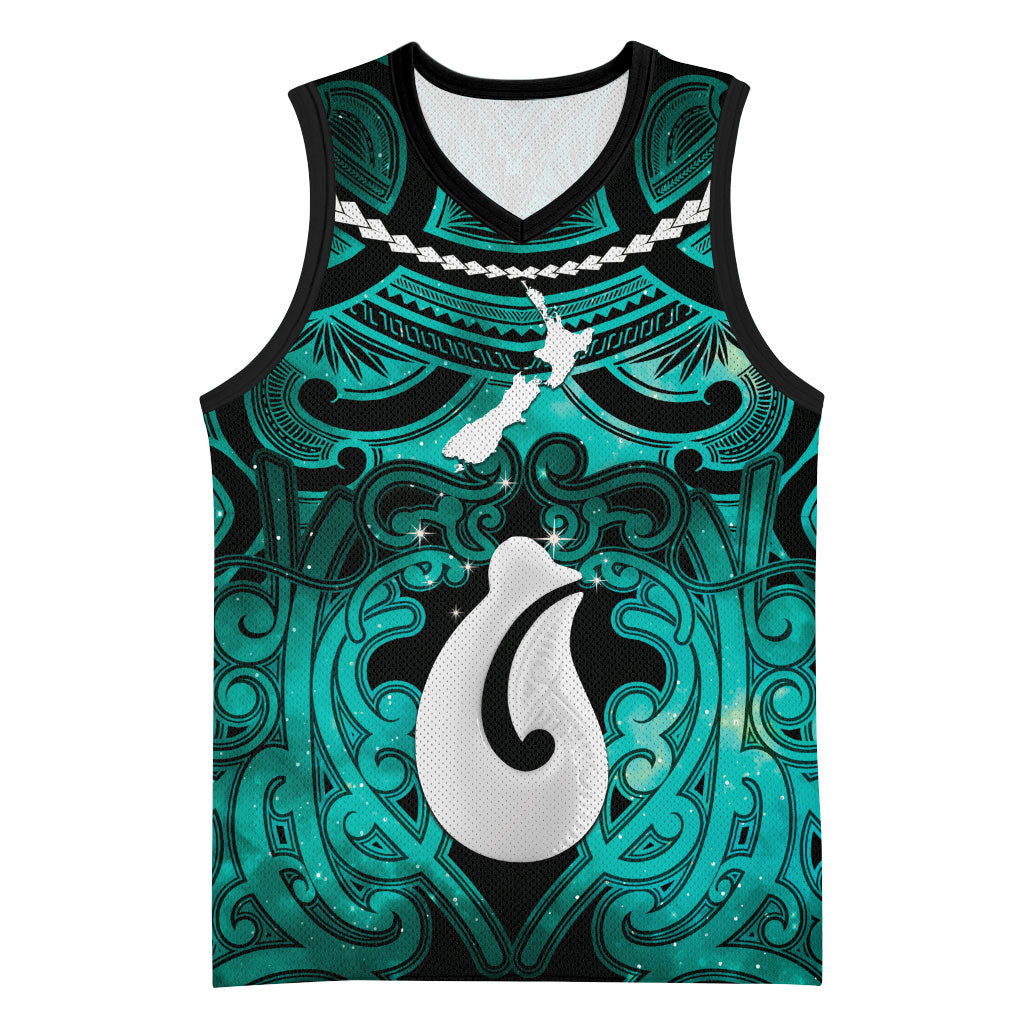 Personalised Maori Matariki Hei Matau Turquoise Basketball Jersey Maori Kowhaiwhai Pattern Galaxy LT01 Unisex Turquoise - Polynesian Pride