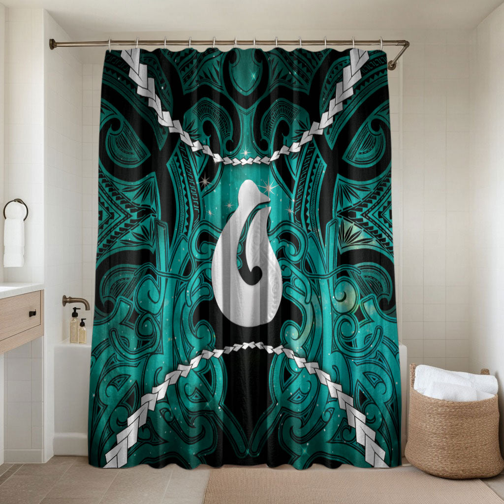 Maori Matariki Hei Matau Turquoise Bathroom Set Maori Kowhaiwhai Pattern Galaxy LT01 Shower Curtain Only Turquoise - Polynesian Pride