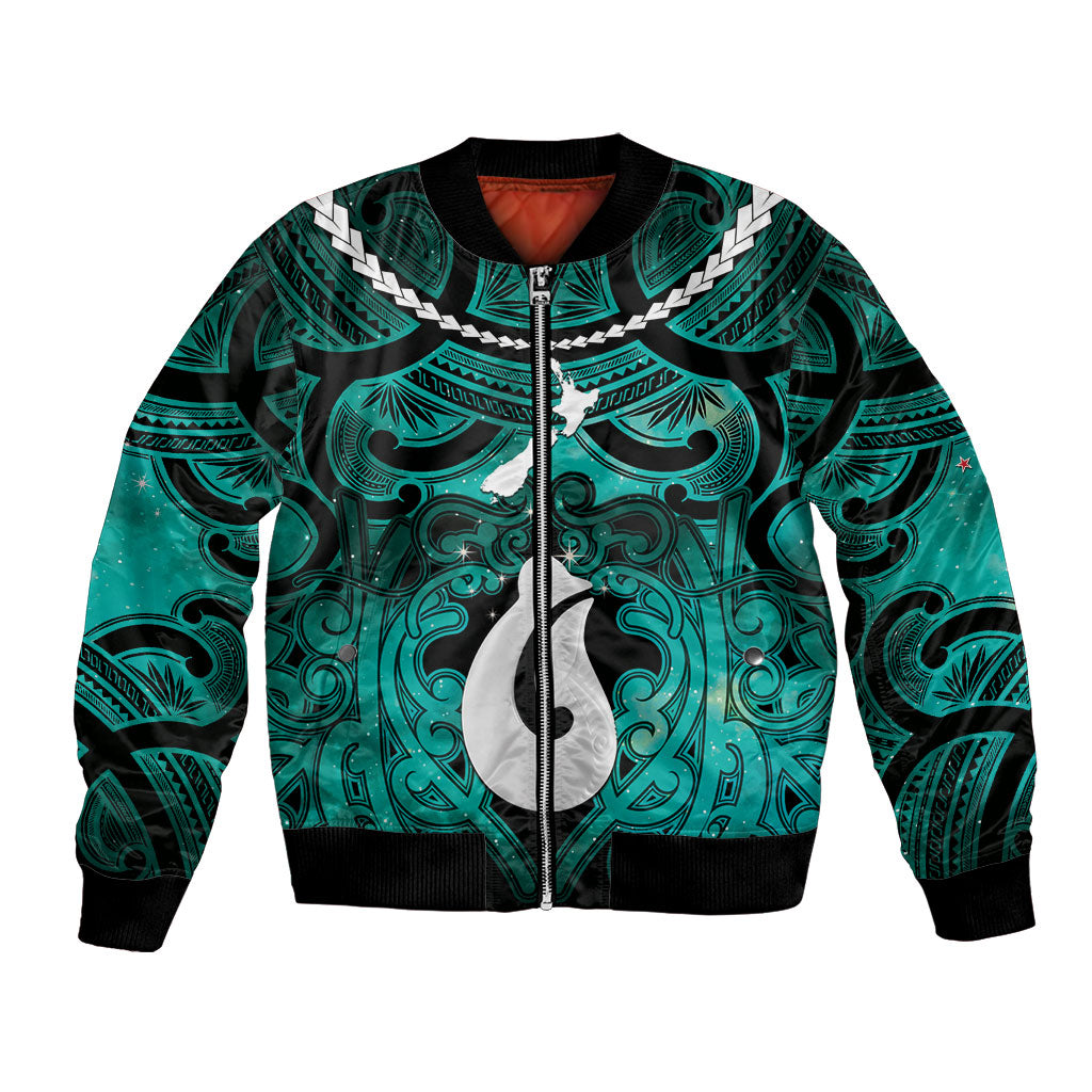 Personalised Maori Matariki Hei Matau Turquoise Bomber Jacket Maori Kowhaiwhai Pattern Galaxy LT01 Unisex Turquoise - Polynesian Pride