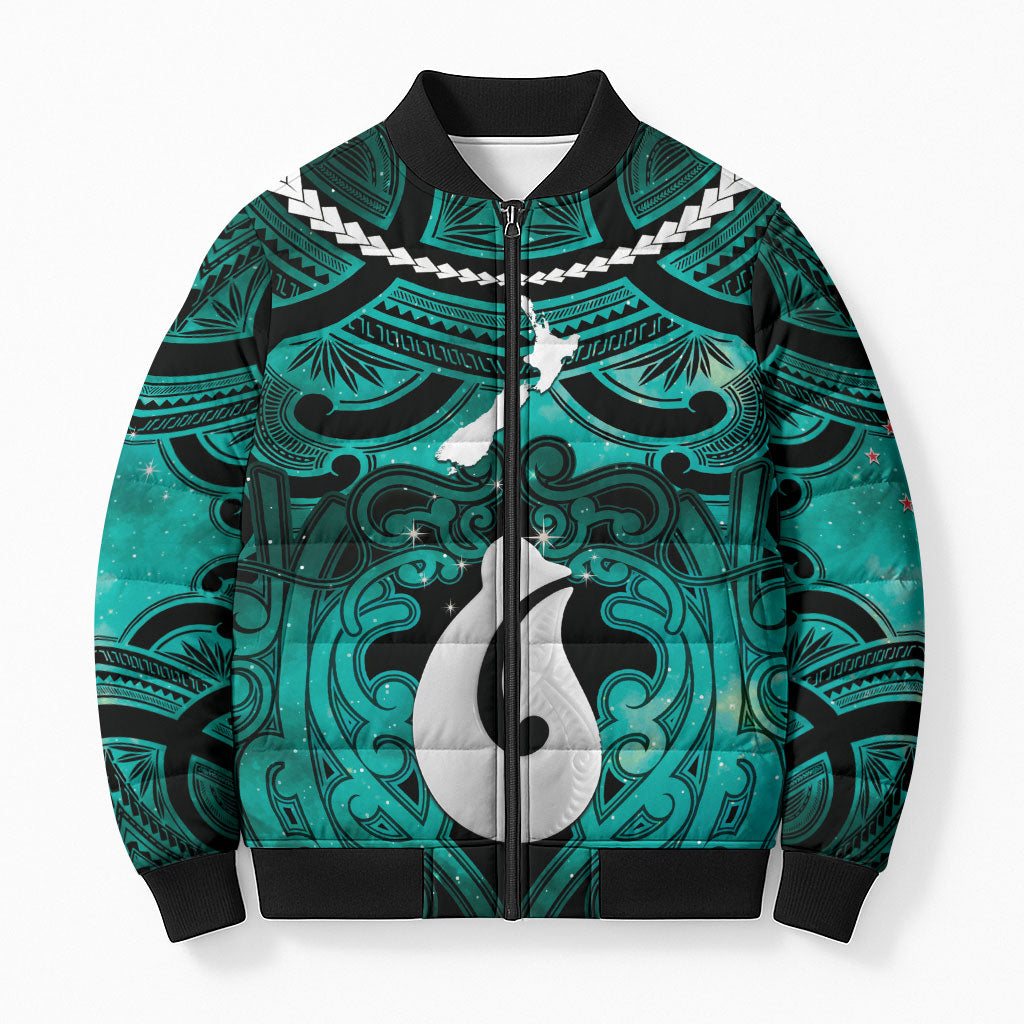 Personalised Maori Matariki Hei Matau Turquoise Bomber Puffer Jacket Maori Kowhaiwhai Pattern Galaxy LT01 Unisex Turquoise - Polynesian Pride
