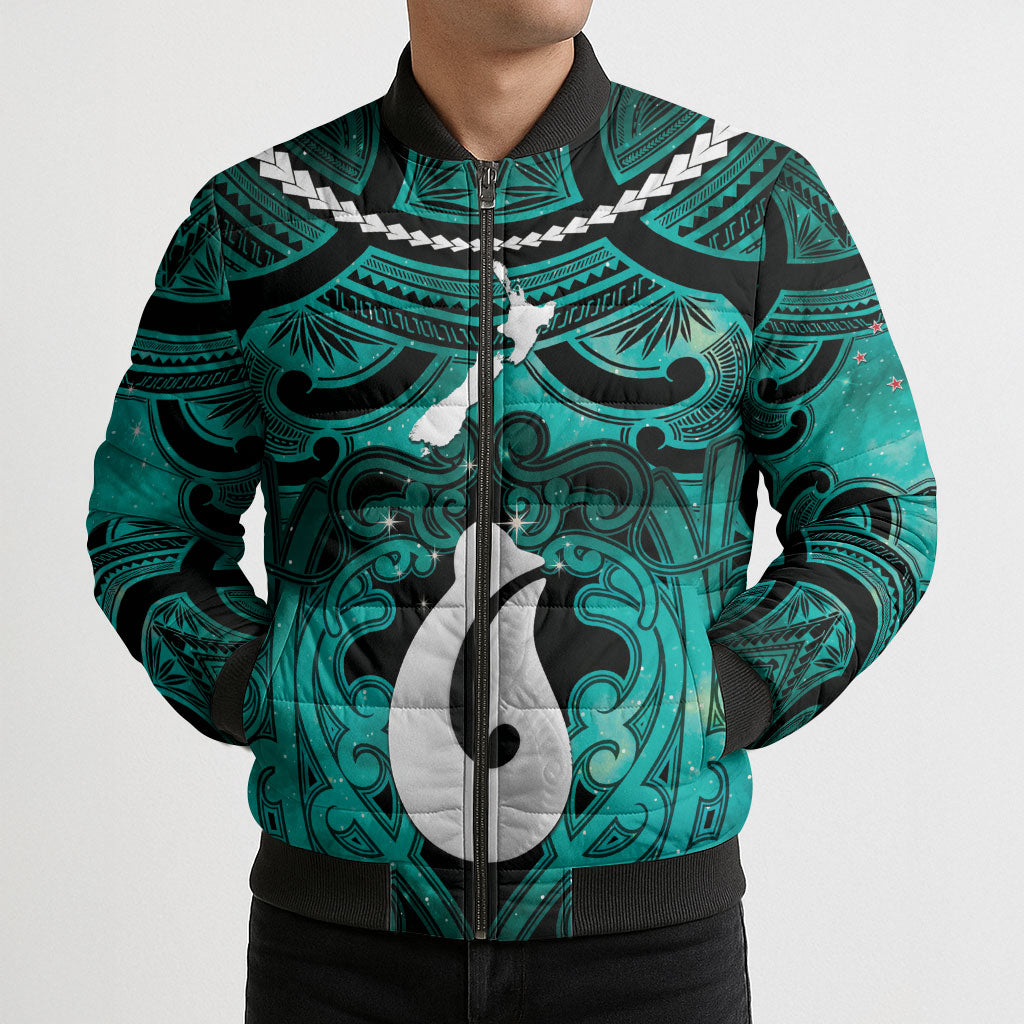 Personalised Maori Matariki Hei Matau Turquoise Bomber Puffer Jacket Maori Kowhaiwhai Pattern Galaxy LT01 - Polynesian Pride