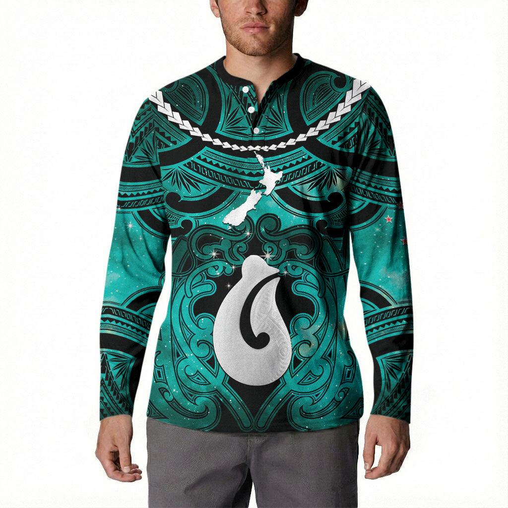 Personalised Maori Matariki Hei Matau Turquoise Button Sweatshirt Maori Kowhaiwhai Pattern Galaxy LT01 - Polynesian Pride