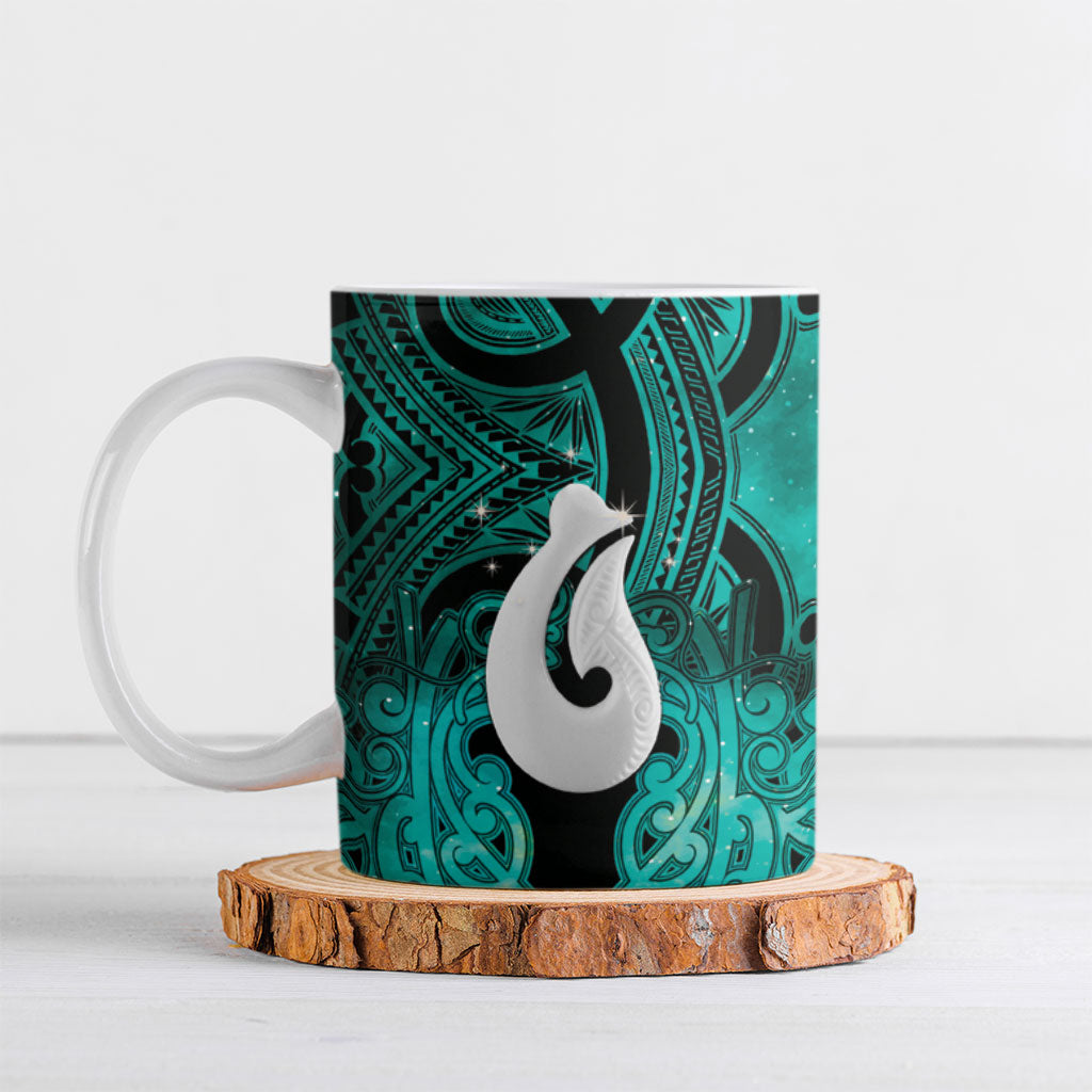 Personalised Maori Matariki Hei Matau Turquoise Ceramic Mug Maori Kowhaiwhai Pattern Galaxy