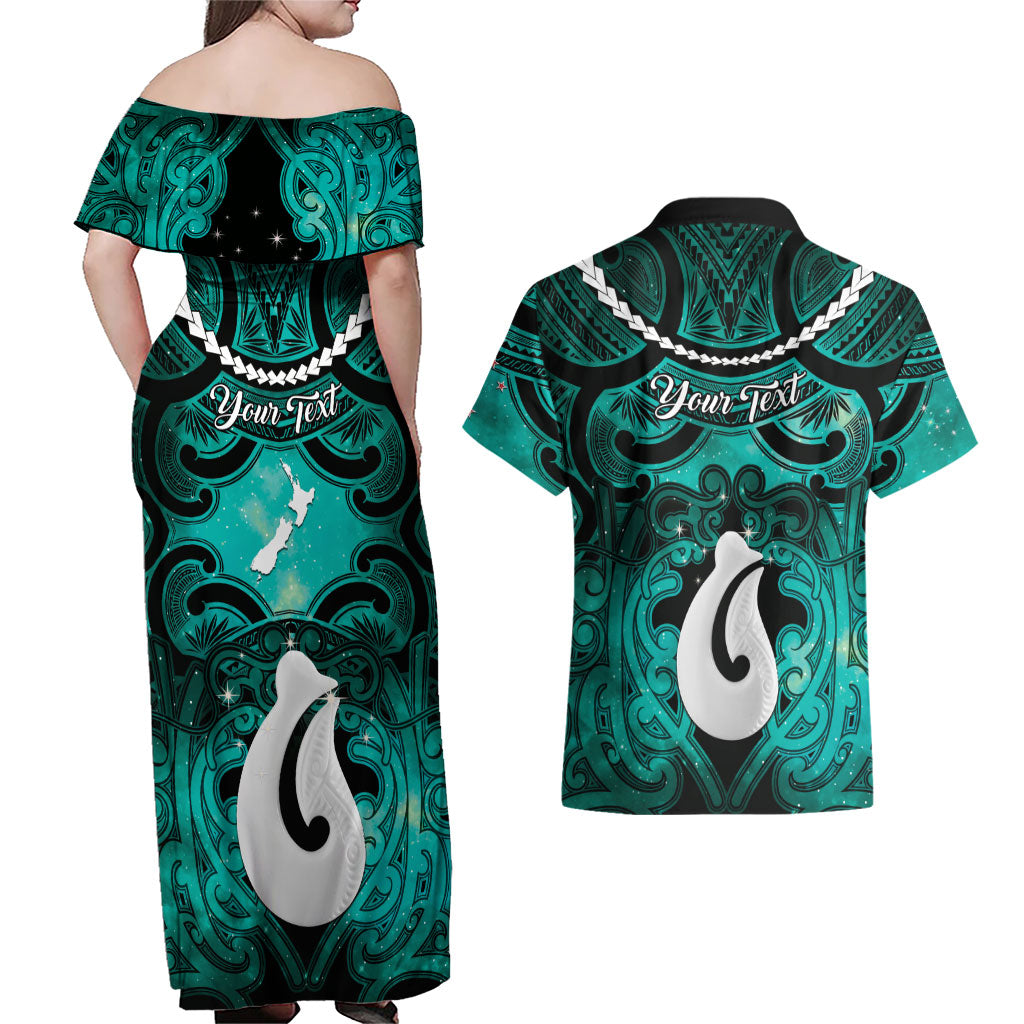 Personalised Maori Matariki Hei Matau Turquoise Couples Matching Off Shoulder Maxi Dress and Hawaiian Shirt Maori Kowhaiwhai Pattern Galaxy