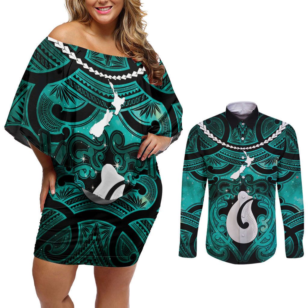 Personalised Maori Matariki Hei Matau Turquoise Couples Matching Off Shoulder Short Dress and Long Sleeve Button Shirt Maori Kowhaiwhai Pattern Galaxy LT01 Turquoise - Polynesian Pride