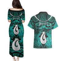 Personalised Maori Matariki Hei Matau Turquoise Couples Matching Puletasi and Hawaiian Shirt Maori Kowhaiwhai Pattern Galaxy