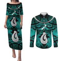 Personalised Maori Matariki Hei Matau Turquoise Couples Matching Puletasi and Long Sleeve Button Shirt Maori Kowhaiwhai Pattern Galaxy LT01 Turquoise - Polynesian Pride