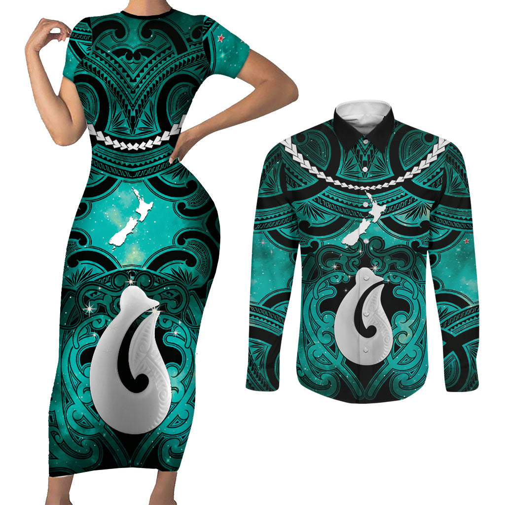 Personalised Maori Matariki Hei Matau Turquoise Couples Matching Short Sleeve Bodycon Dress and Long Sleeve Button Shirt Maori Kowhaiwhai Pattern Galaxy LT01 Turquoise - Polynesian Pride