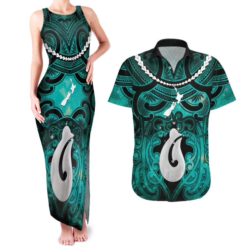 Personalised Maori Matariki Hei Matau Turquoise Couples Matching Tank Maxi Dress and Hawaiian Shirt Maori Kowhaiwhai Pattern Galaxy LT01 Turquoise - Polynesian Pride