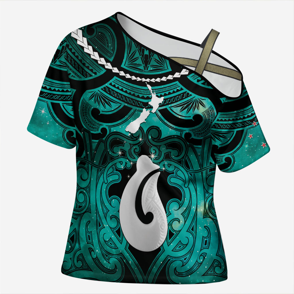 Personalised Maori Matariki Hei Matau Turquoise Cross Shoulder Shirt Maori Kowhaiwhai Pattern Galaxy LT01 Female Turquoise - Polynesian Pride