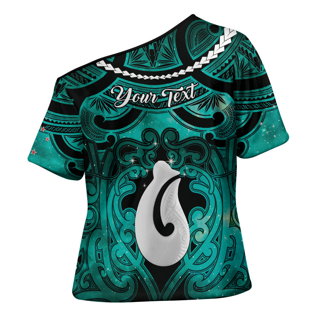 Personalised Maori Matariki Hei Matau Turquoise Cross Shoulder Shirt Maori Kowhaiwhai Pattern Galaxy LT01 - Polynesian Pride