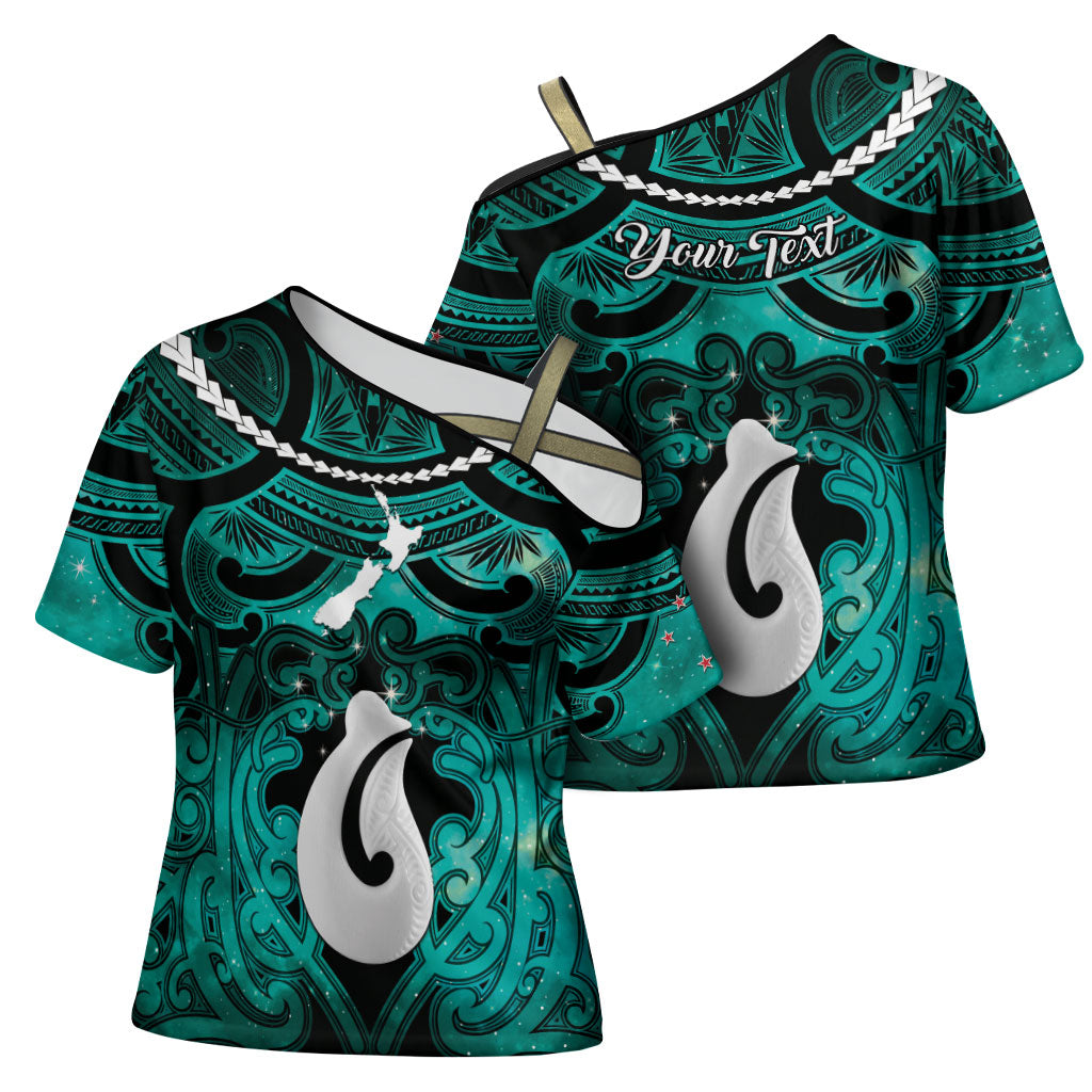 Personalised Maori Matariki Hei Matau Turquoise Cross Shoulder Shirt Maori Kowhaiwhai Pattern Galaxy LT01 - Polynesian Pride