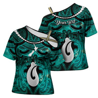 Personalised Maori Matariki Hei Matau Turquoise Cross Shoulder Shirt Maori Kowhaiwhai Pattern Galaxy LT01 - Polynesian Pride