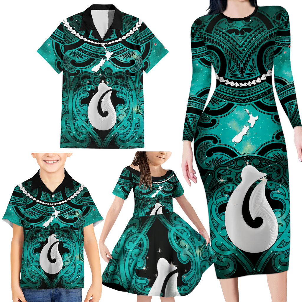 Personalised Maori Matariki Hei Matau Turquoise Family Matching Long Sleeve Bodycon Dress and Hawaiian Shirt Maori Kowhaiwhai Pattern Galaxy LT01 - Polynesian Pride
