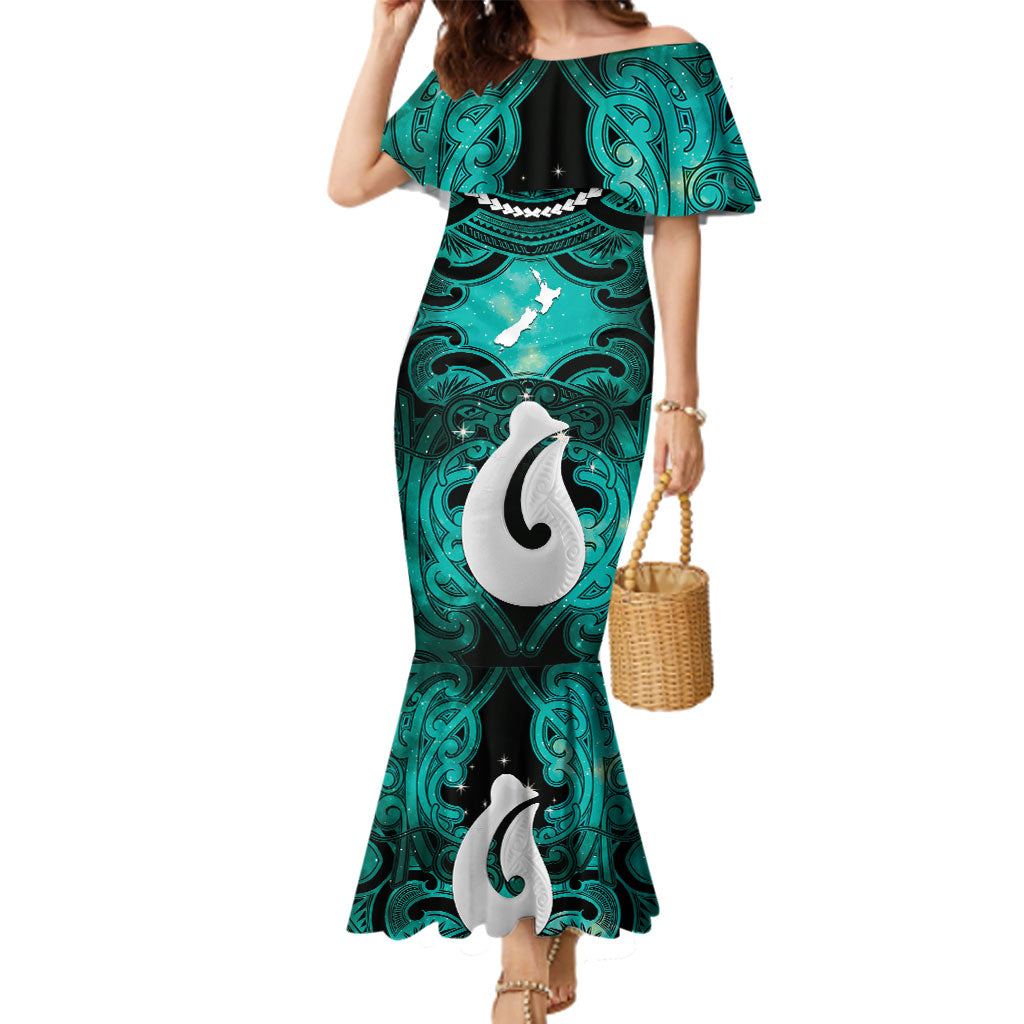 Personalised Maori Matariki Hei Matau Turquoise Family Matching Mermaid Dress and Hawaiian Shirt Maori Kowhaiwhai Pattern Galaxy