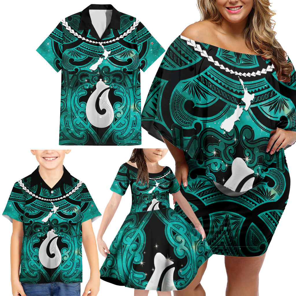 Personalised Maori Matariki Hei Matau Turquoise Family Matching Off Shoulder Short Dress and Hawaiian Shirt Maori Kowhaiwhai Pattern Galaxy