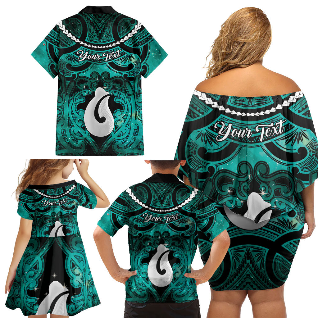 Personalised Maori Matariki Hei Matau Turquoise Family Matching Off Shoulder Short Dress and Hawaiian Shirt Maori Kowhaiwhai Pattern Galaxy