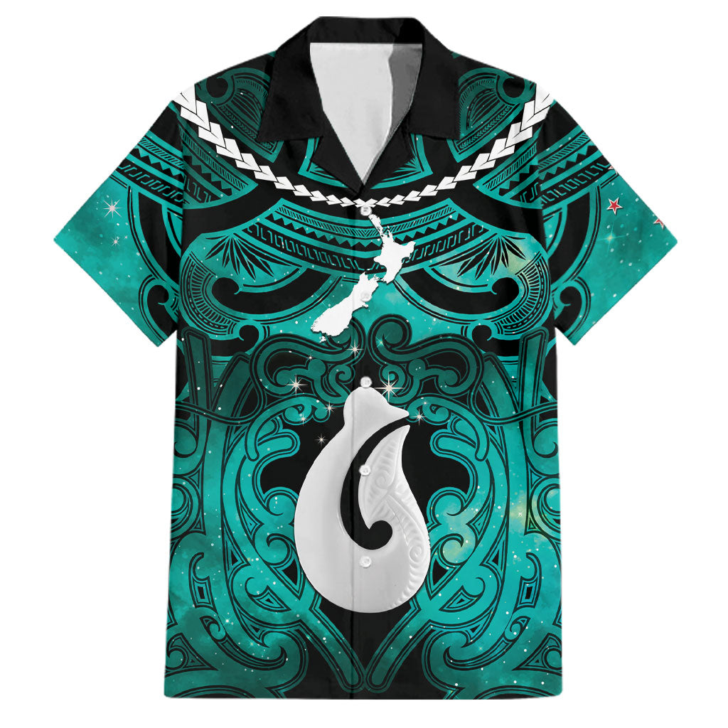 Personalised Maori Matariki Hei Matau Turquoise Family Matching Off Shoulder Short Dress and Hawaiian Shirt Maori Kowhaiwhai Pattern Galaxy