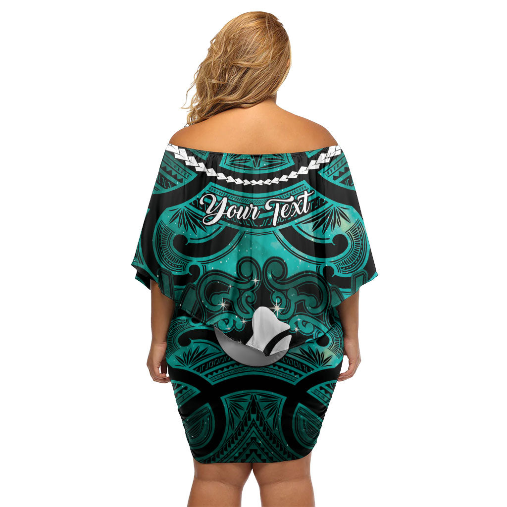 Personalised Maori Matariki Hei Matau Turquoise Family Matching Off Shoulder Short Dress and Hawaiian Shirt Maori Kowhaiwhai Pattern Galaxy
