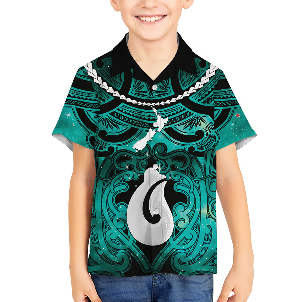 Personalised Maori Matariki Hei Matau Turquoise Family Matching Puletasi and Hawaiian Shirt Maori Kowhaiwhai Pattern Galaxy