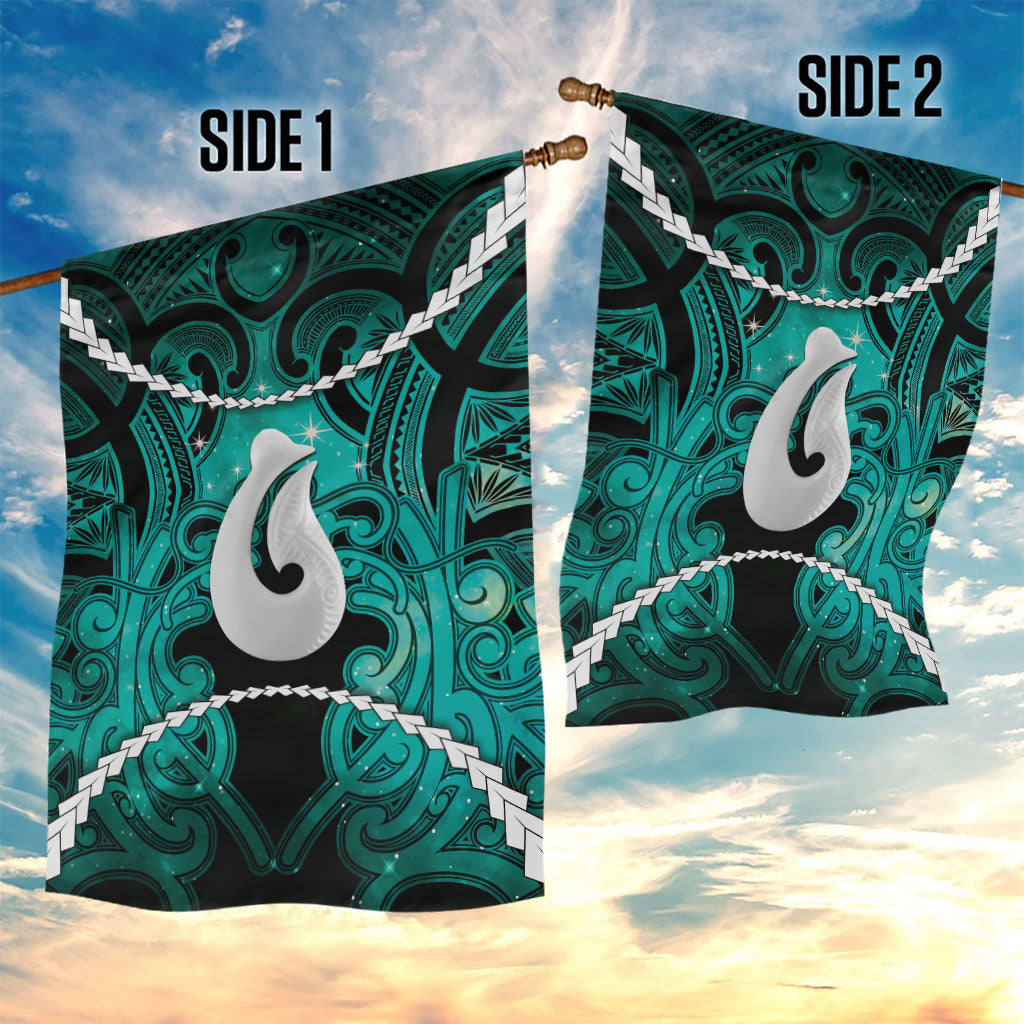 Maori Matariki Hei Matau Turquoise Garden Flag Maori Kowhaiwhai Pattern Galaxy LT01 - Polynesian Pride