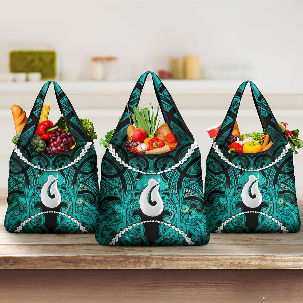 Maori Matariki Hei Matau Turquoise Grocery Bag Maori Kowhaiwhai Pattern Galaxy LT01 3-pack One Size Turquoise - Polynesian Pride