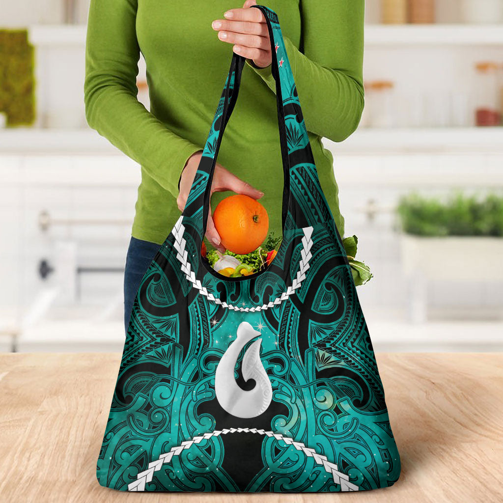 Maori Matariki Hei Matau Turquoise Grocery Bag Maori Kowhaiwhai Pattern Galaxy LT01 - Polynesian Pride