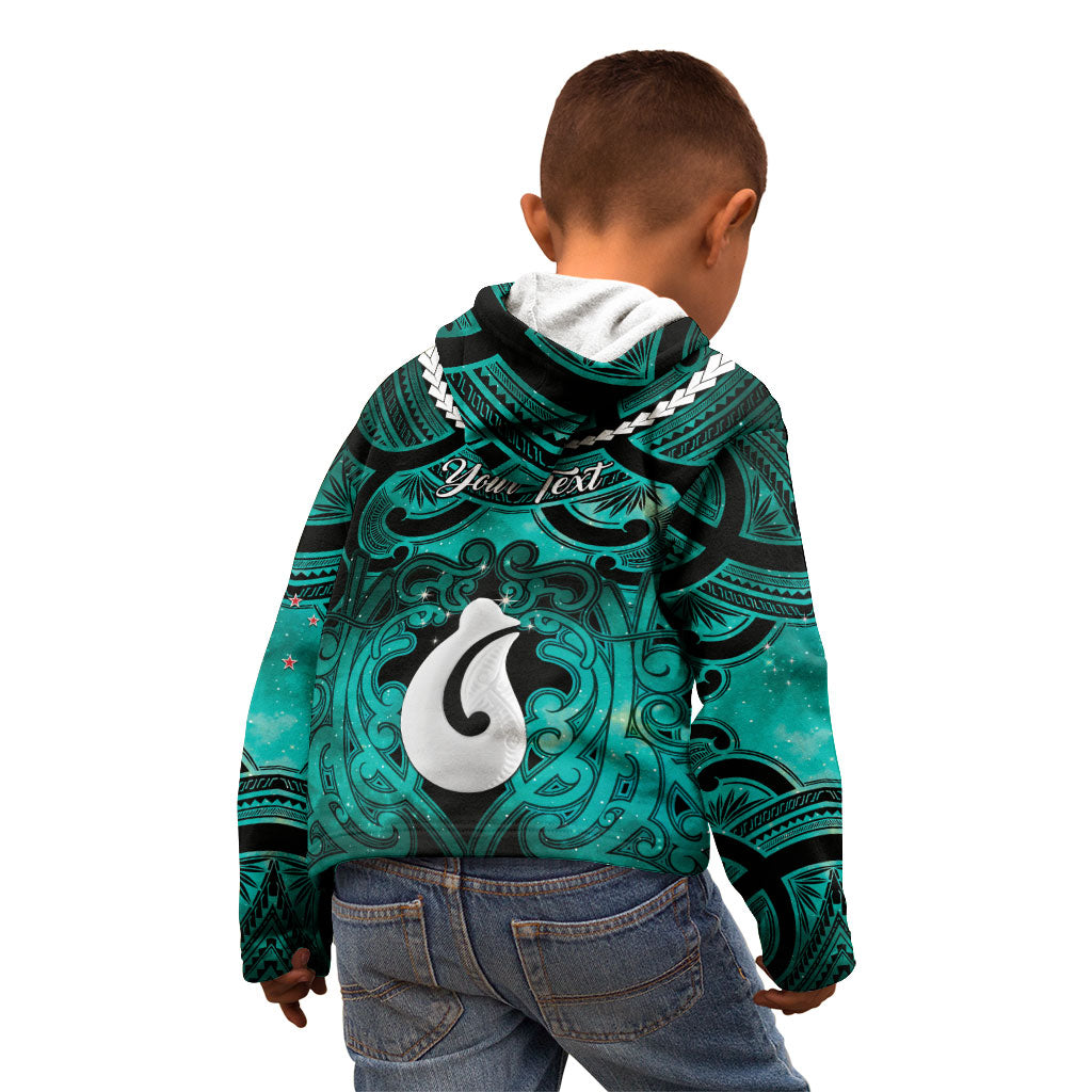 Personalised Maori Matariki Hei Matau Turquoise Kid Hoodie Maori Kowhaiwhai Pattern Galaxy LT01 - Polynesian Pride