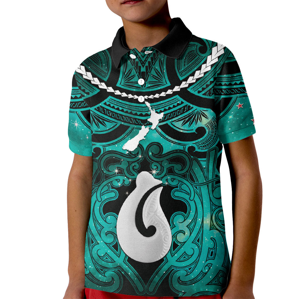 Personalised Maori Matariki Hei Matau Turquoise Kid Polo Shirt Maori Kowhaiwhai Pattern Galaxy LT01 Kid Turquoise - Polynesian Pride