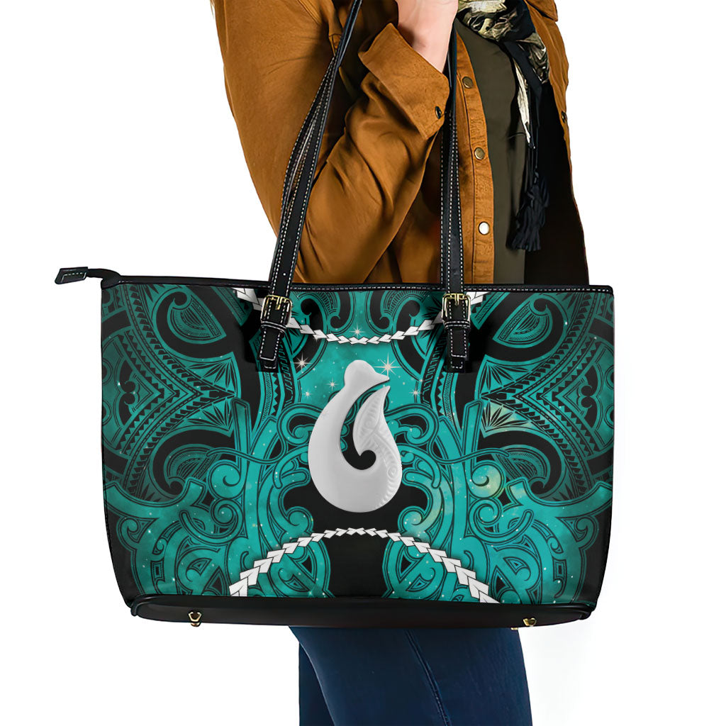 Maori Matariki Hei Matau Turquoise Leather Tote Bag Maori Kowhaiwhai Pattern Galaxy LT01 - Polynesian Pride