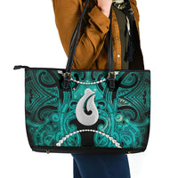 Maori Matariki Hei Matau Turquoise Leather Tote Bag Maori Kowhaiwhai Pattern Galaxy LT01 - Polynesian Pride