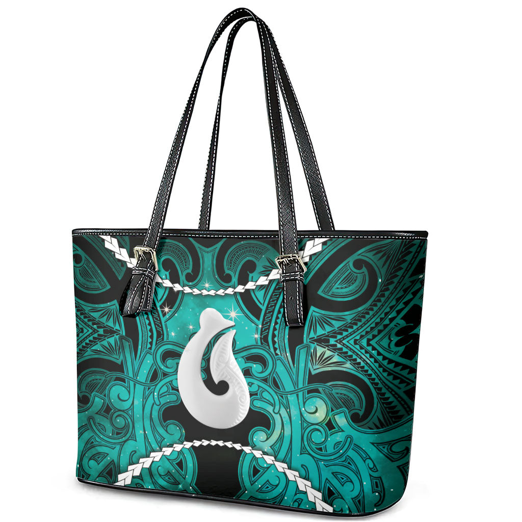 Maori Matariki Hei Matau Turquoise Leather Tote Bag Maori Kowhaiwhai Pattern Galaxy LT01 - Polynesian Pride
