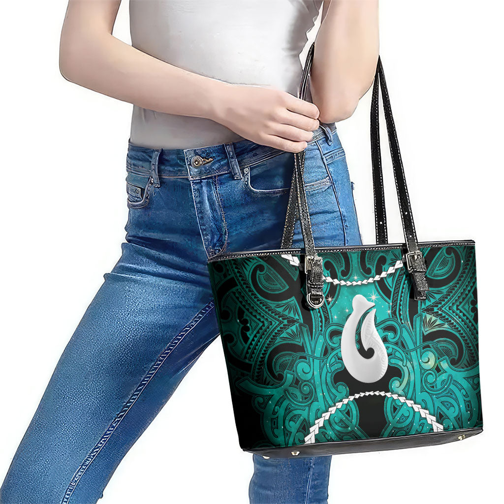 Maori Matariki Hei Matau Turquoise Leather Tote Bag Maori Kowhaiwhai Pattern Galaxy LT01 - Polynesian Pride