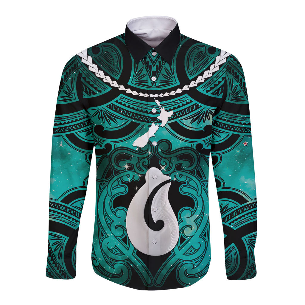 Personalised Maori Matariki Hei Matau Turquoise Long Sleeve Button Shirt Maori Kowhaiwhai Pattern Galaxy LT01 Unisex Turquoise - Polynesian Pride