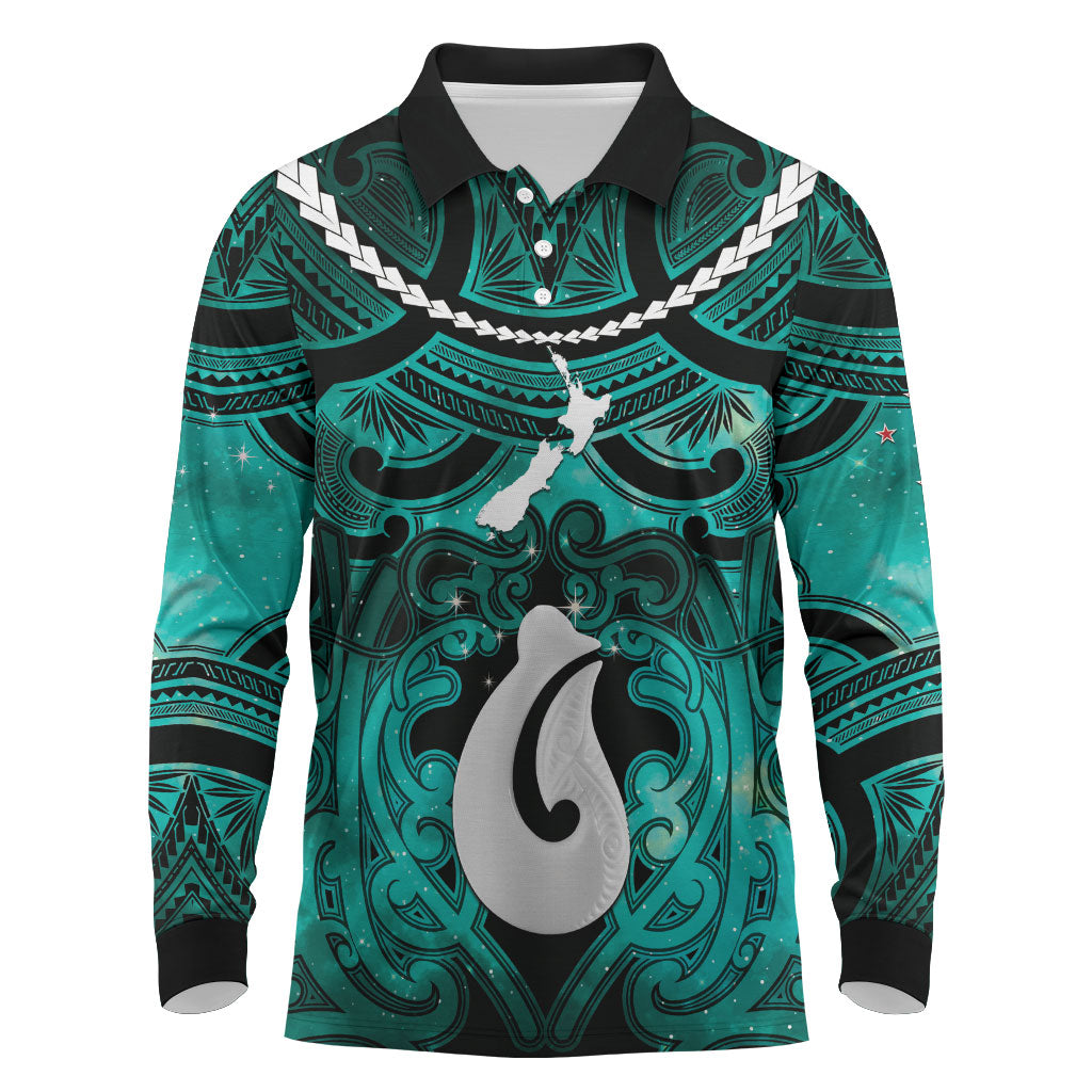 Personalised Maori Matariki Hei Matau Turquoise Long Sleeve Polo Shirt Maori Kowhaiwhai Pattern Galaxy LT01 Turquoise - Polynesian Pride