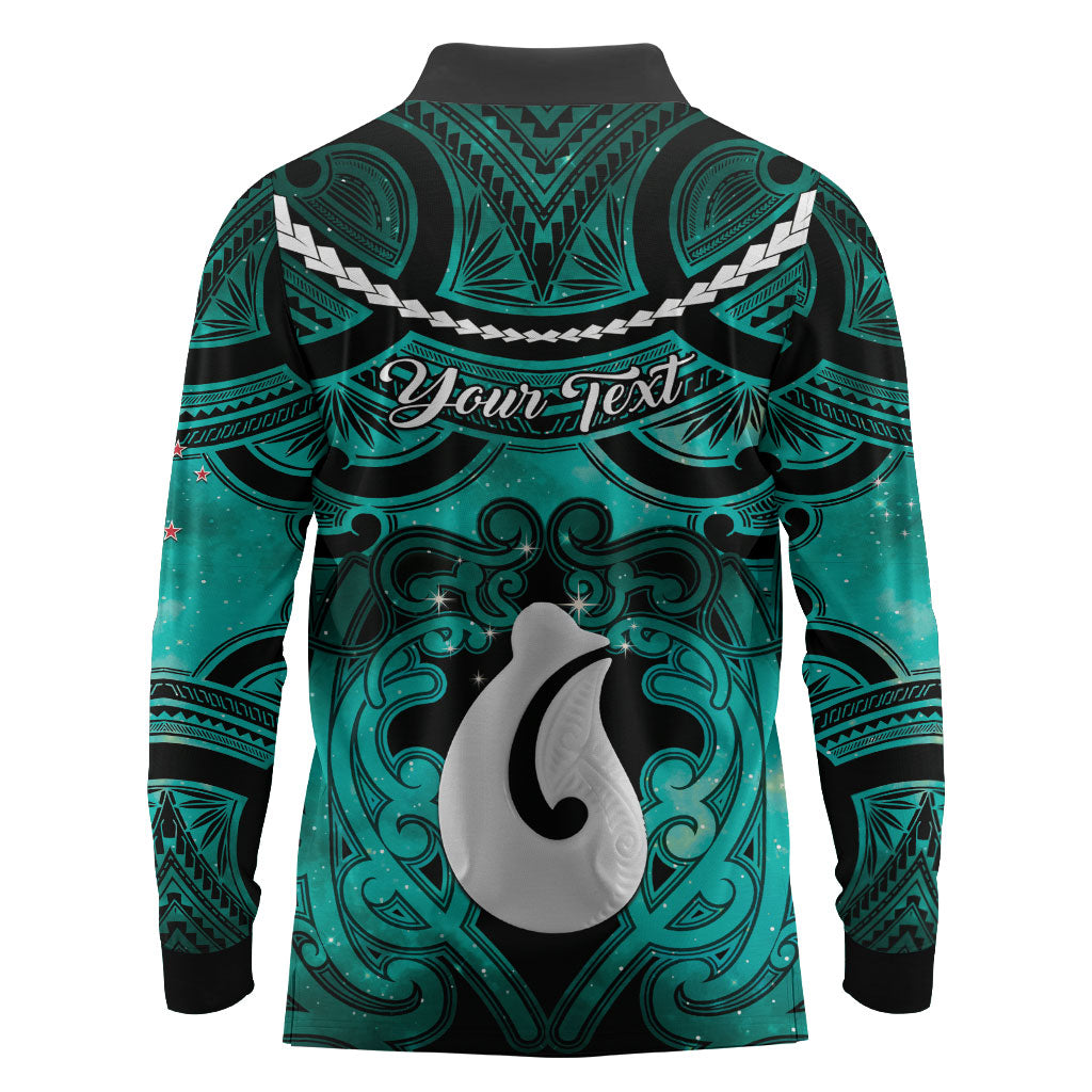 Personalised Maori Matariki Hei Matau Turquoise Long Sleeve Polo Shirt Maori Kowhaiwhai Pattern Galaxy LT01 - Polynesian Pride