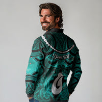 Personalised Maori Matariki Hei Matau Turquoise Long Sleeve Polo Shirt Maori Kowhaiwhai Pattern Galaxy LT01 - Polynesian Pride